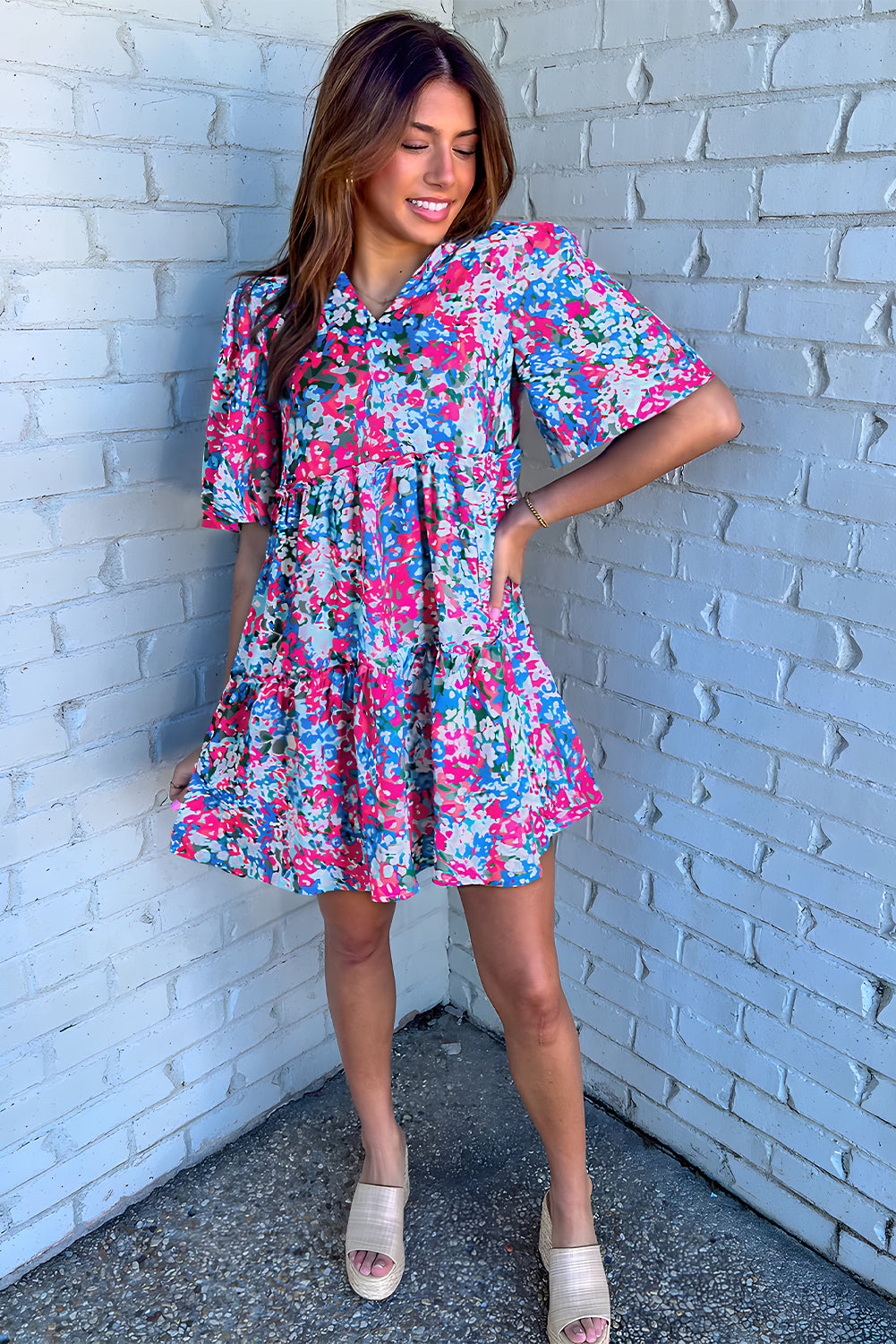 Multicolour Floral Short Sleeve V Neck Tiered Mini Dress Floral Dresses JT's Designer Fashion