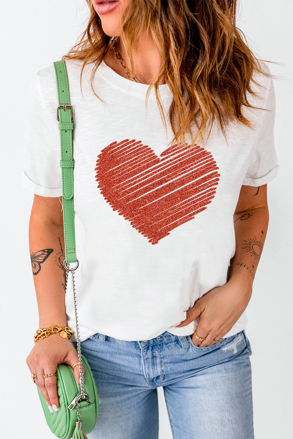 White Heart Shape Glitter Patter Graphic T Shirt Graphic Tees JT's Designer Fashion