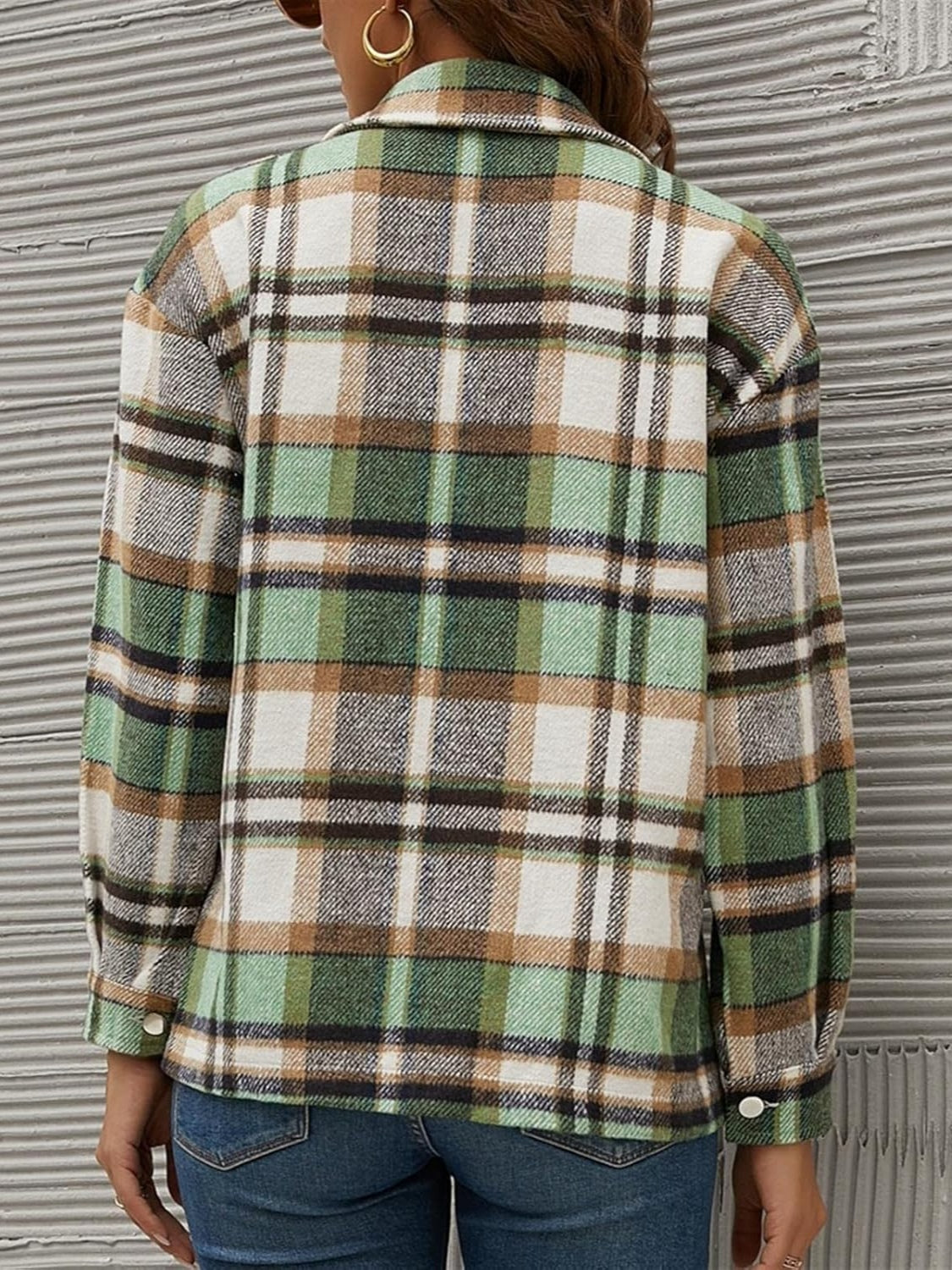 Plaid Collared Neck Long Sleeve Jacket Long Sleeve Tops JT's Designer Fashion