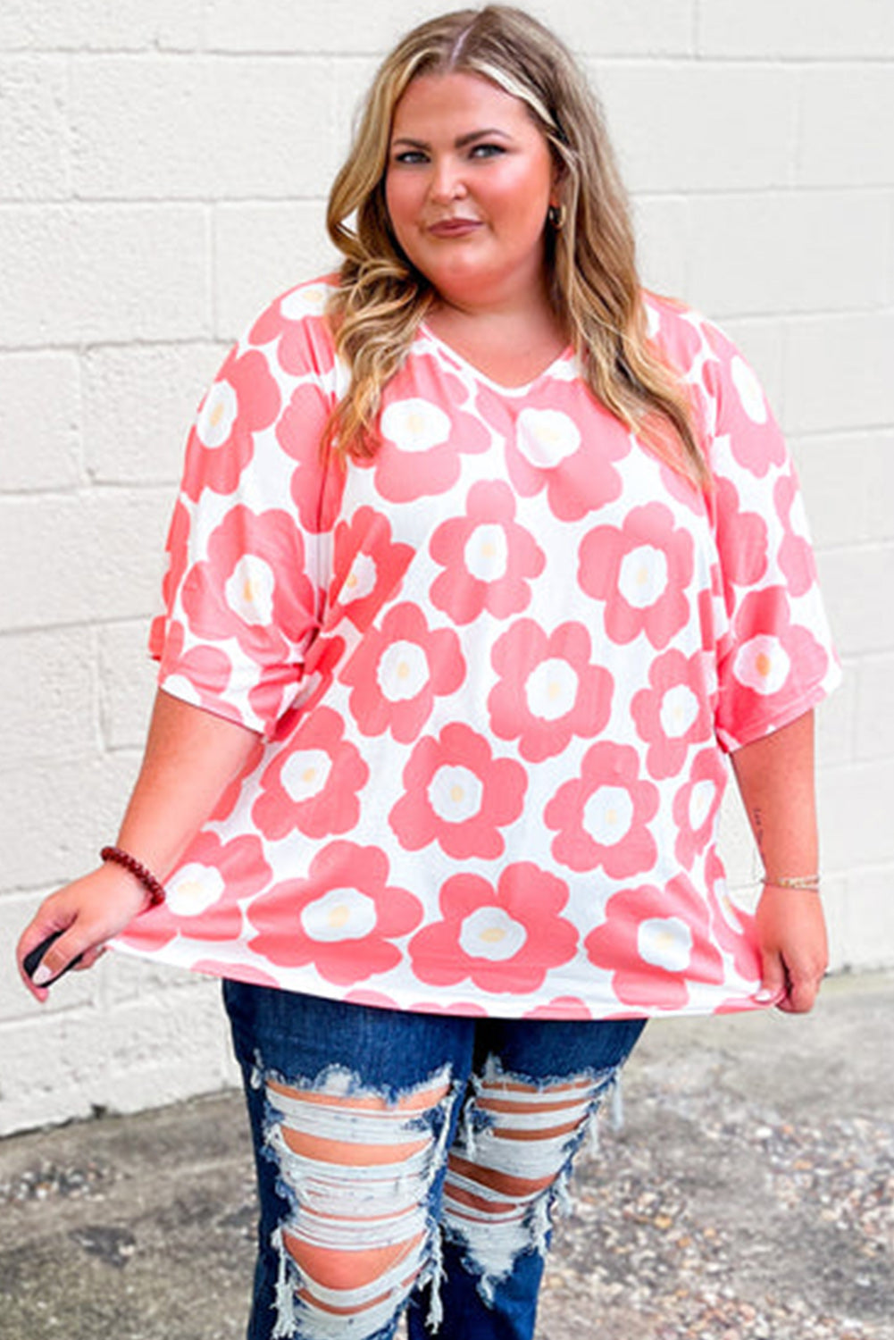 Pink Floral Print Half Sleeve V Neck Curvy T Shirt Plus Size JT's Designer Fashion