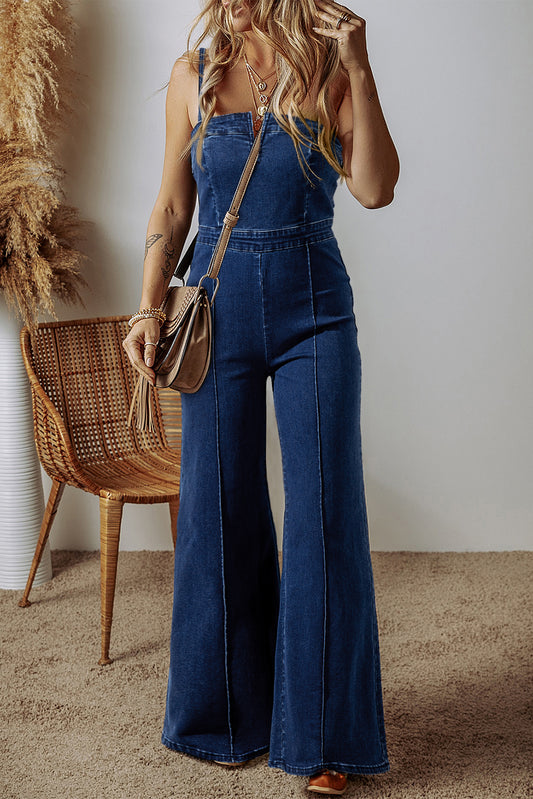 Sail Blue Seamed Zipper Spaghetti Strap High Waist Flared Jumpsuit Sail Blue 71%Cotton+27.5%Polyester+1.5%Elastane Jumpsuits & Rompers JT's Designer Fashion