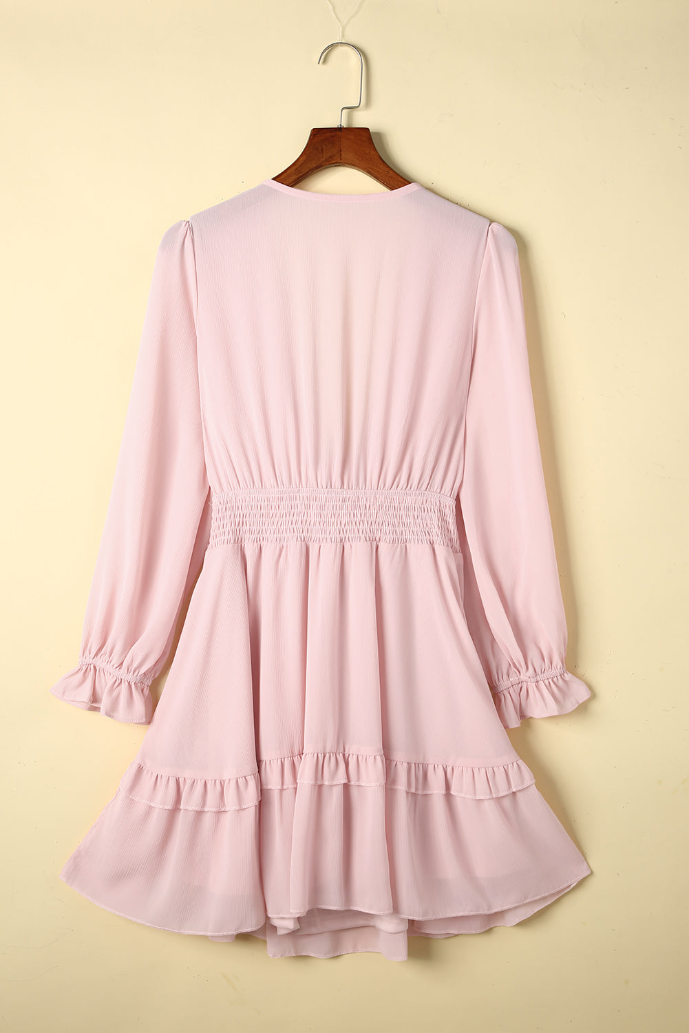 Pink Deep V Neck Lantern Sleeve Knotted Tiered Mini Dress Mini Dresses JT's Designer Fashion