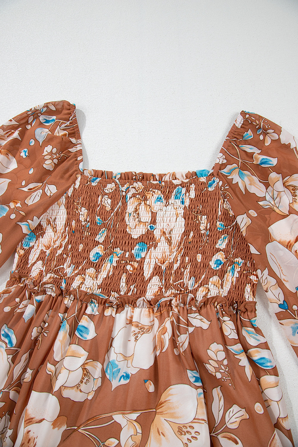 Brown Floral Print Shirred Square Neck High Waist Maxi Dress Maxi Dresses JT's Designer Fashion