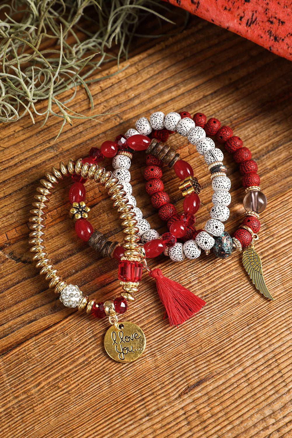 Red Dahlia 4pcs Boho Disc Tassel Wing Pendant Beaded Bracelet Set Jewelry JT's Designer Fashion