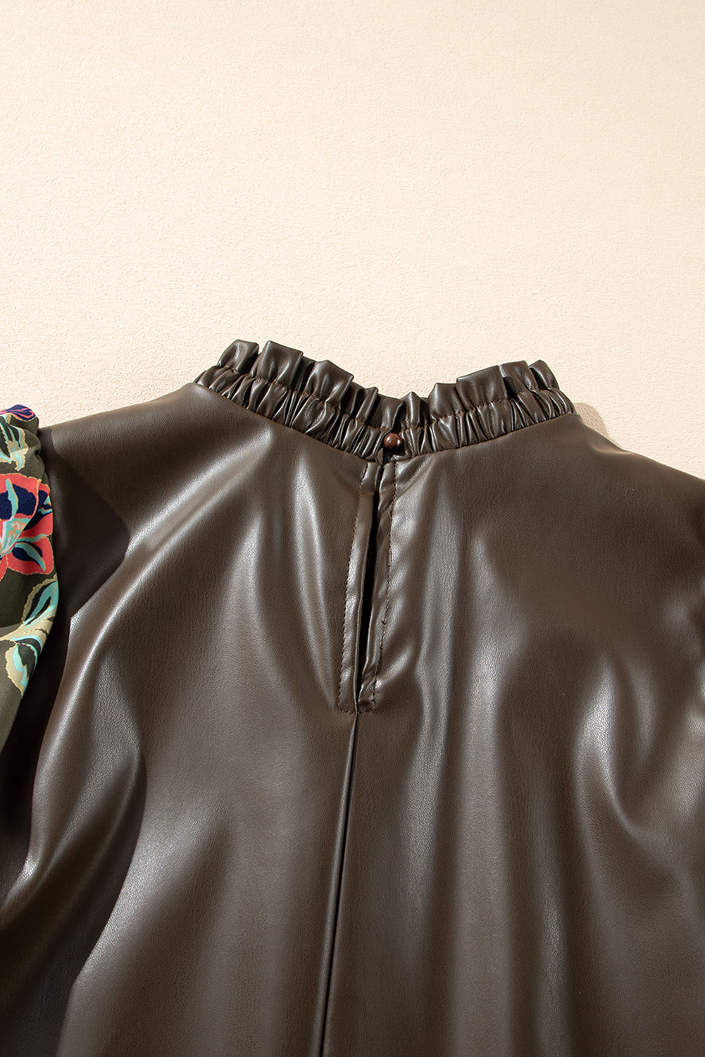 Four Leaf Clover Floral Bubble Sleeve Patchwork Leatherette Frilled Round Neck Blouse Blouses & Shirts JT's Designer Fashion