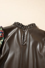 Four Leaf Clover Floral Bubble Sleeve Patchwork Leatherette Frilled Round Neck Blouse Blouses & Shirts JT's Designer Fashion