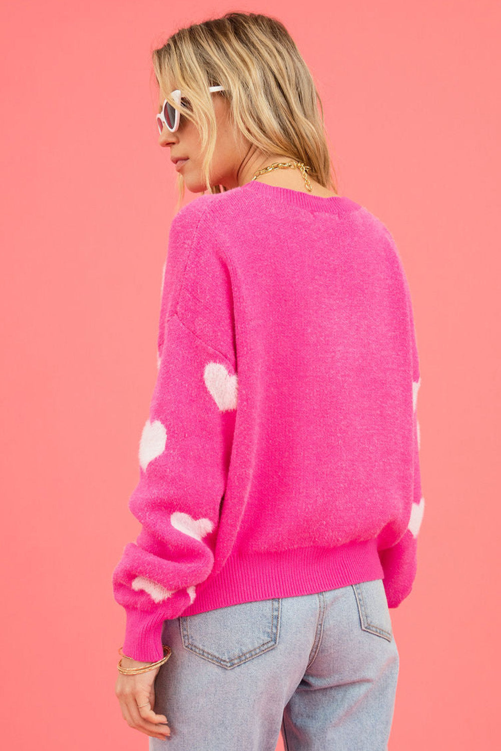 Bright Pink Fuzzy Valentine Hearts Drop Shoulder Sweater Sweaters & Cardigans JT's Designer Fashion