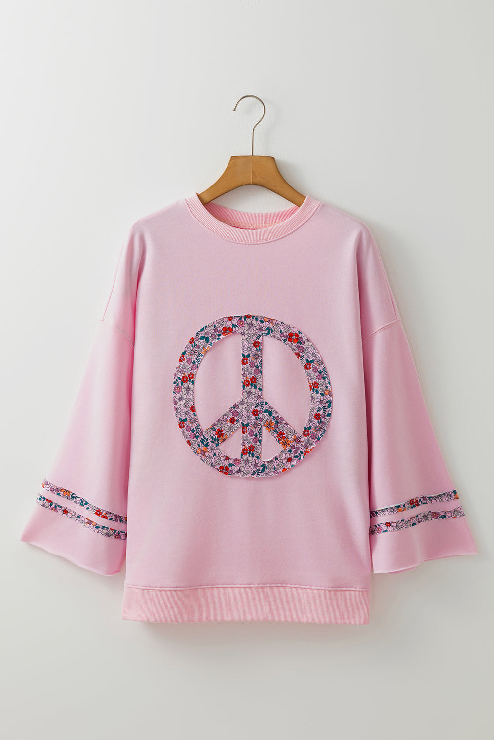 Light Pink Floral Peace Sign Graphic Drop Shoulder Wide Sleeve Casual Top Long Sleeve Tops JT's Designer Fashion