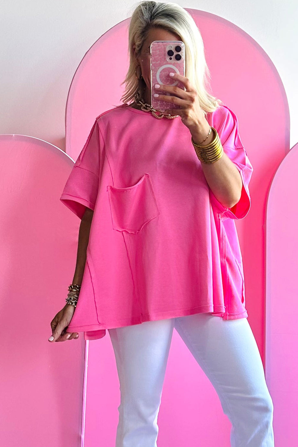 Bright Pink Patched Pocket Exposed Seam Oversize T-shirt Tops & Tees JT's Designer Fashion