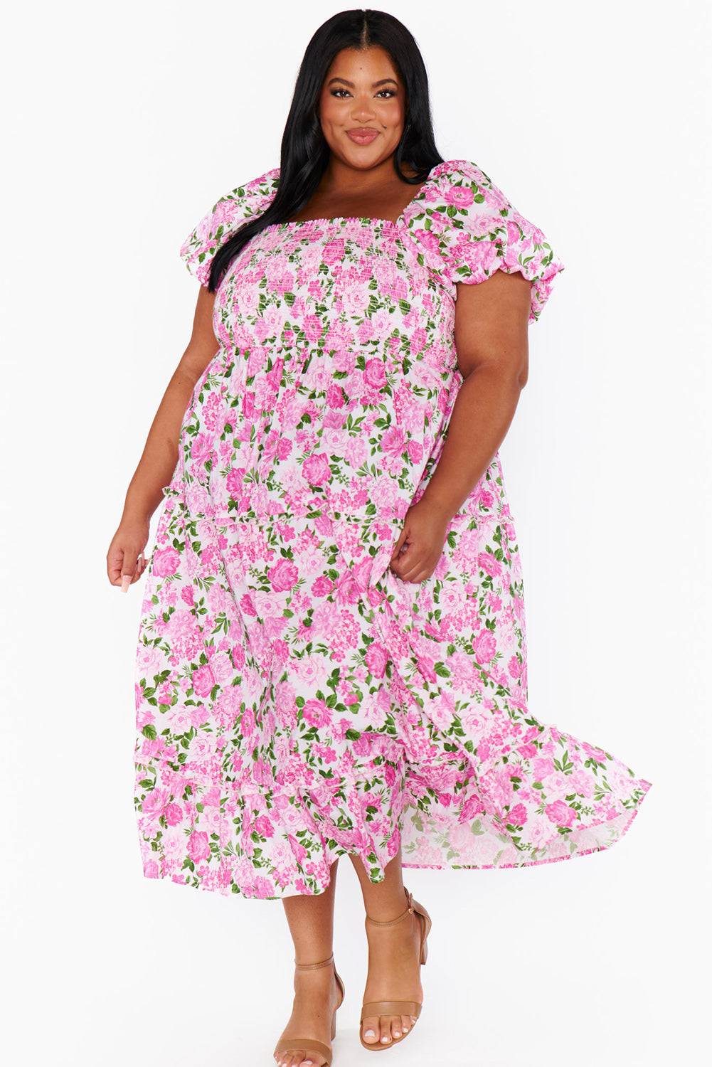 Pink Floral Smocked Puff Sleeve Long Curvy Dress Plus Size JT's Designer Fashion