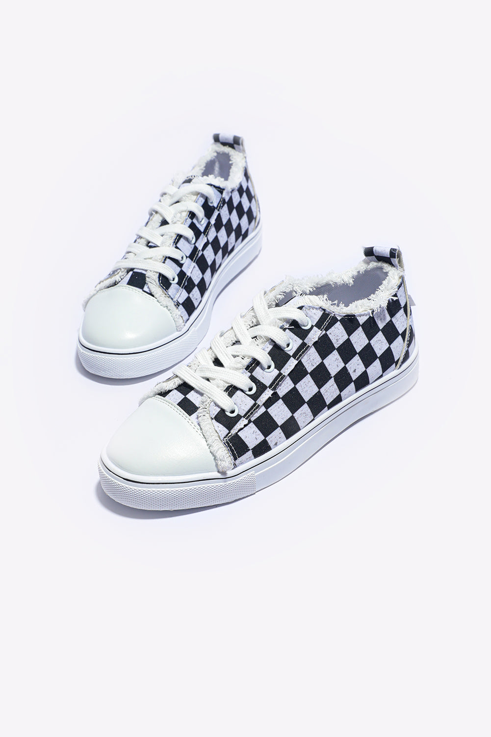 Black Checkered Print Raw Edge Lace-up Canvas Shoes Women's Shoes JT's Designer Fashion