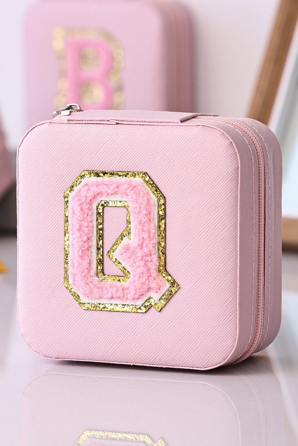 Pink Q Chenille Patch Jewelry Box with Mirror Other Accessories JT's Designer Fashion