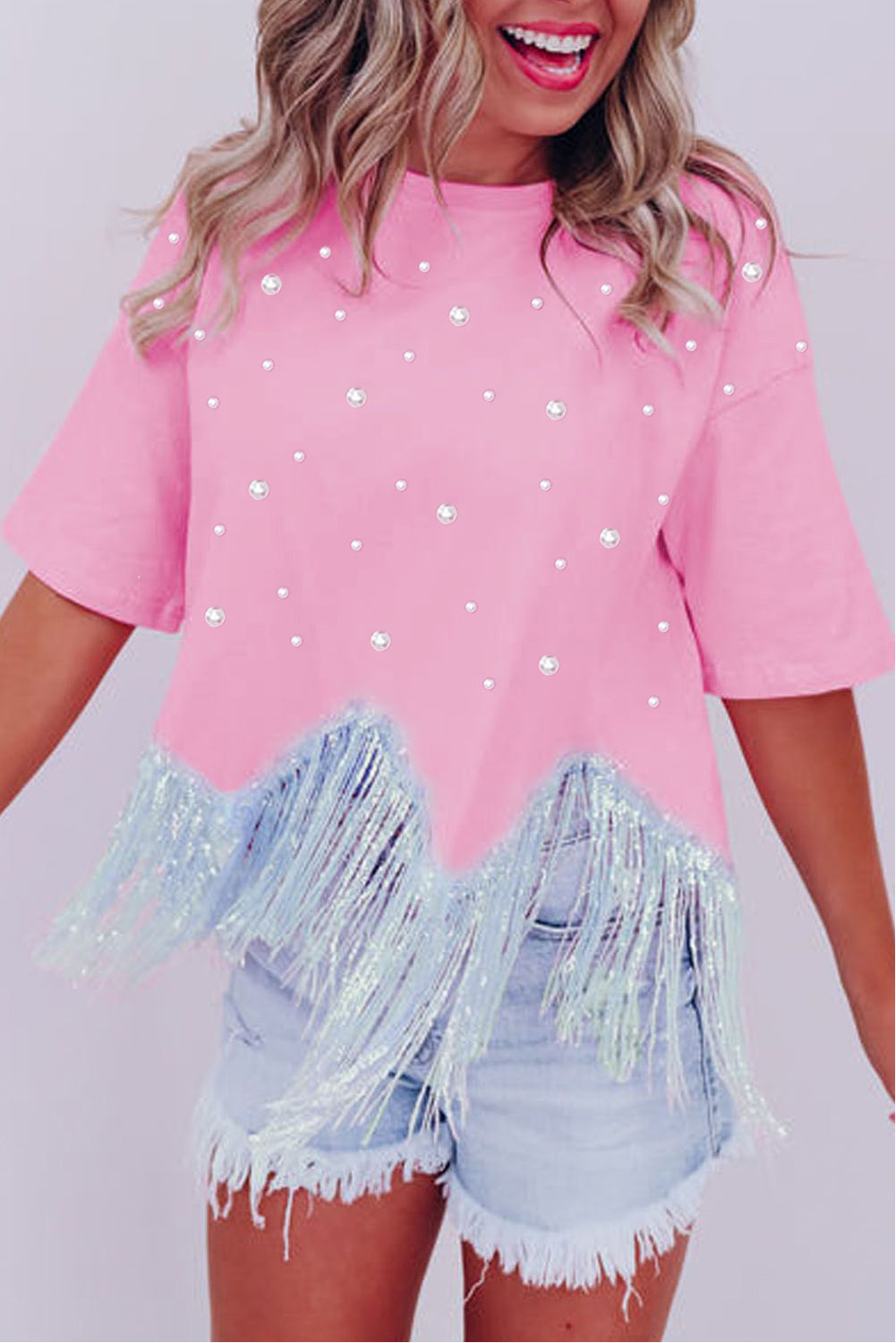 Pink Pearl Embellished Irregular Tassel Hem T-shirt Tops & Tees JT's Designer Fashion