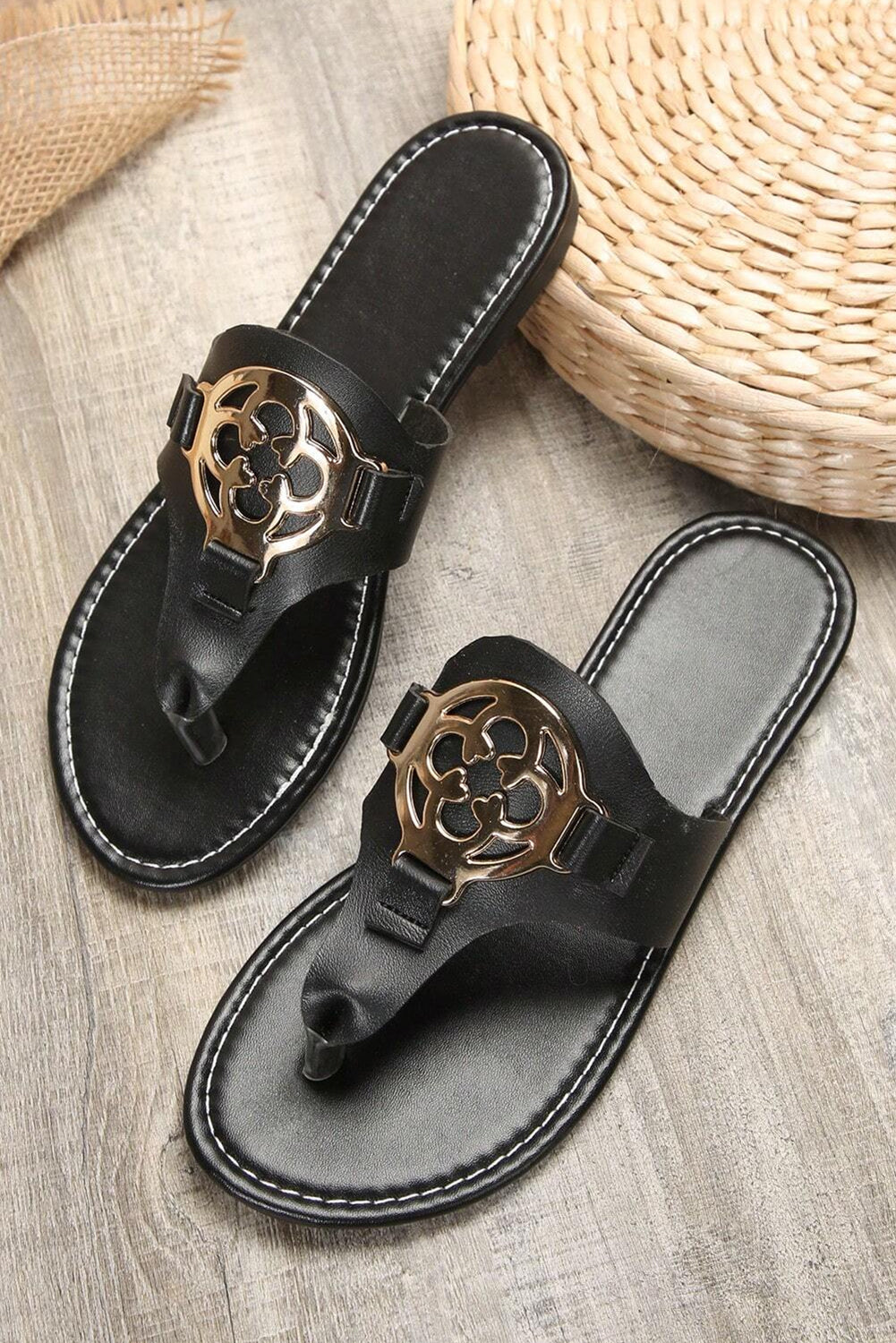 Black Metal Décor Leather Thong Slippers Slippers JT's Designer Fashion