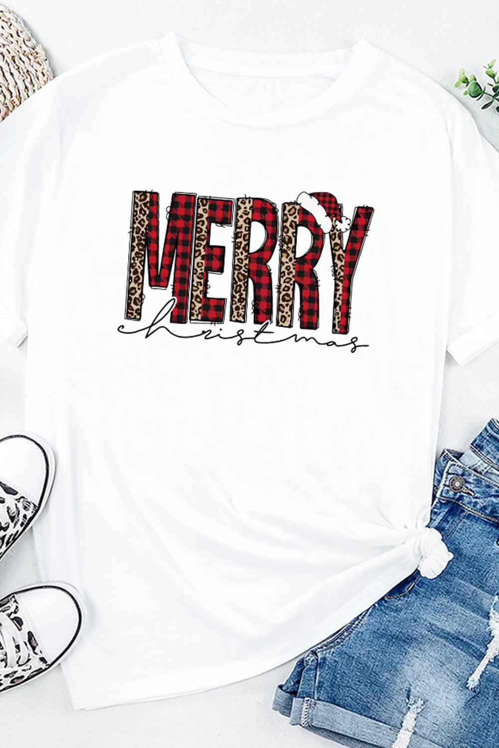 White Plaid Leopard MERRY Christmas Print T Shirt Graphic Tees JT's Designer Fashion