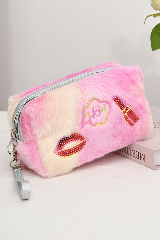 Pink Sequined Lip Lipstick Fluffy Cosmetic Bag Makeup Bags JT's Designer Fashion