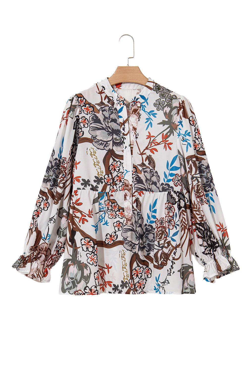 White Floral Print Balloon Sleeves Button Up Loose Casual Shirt Blouses & Shirts JT's Designer Fashion