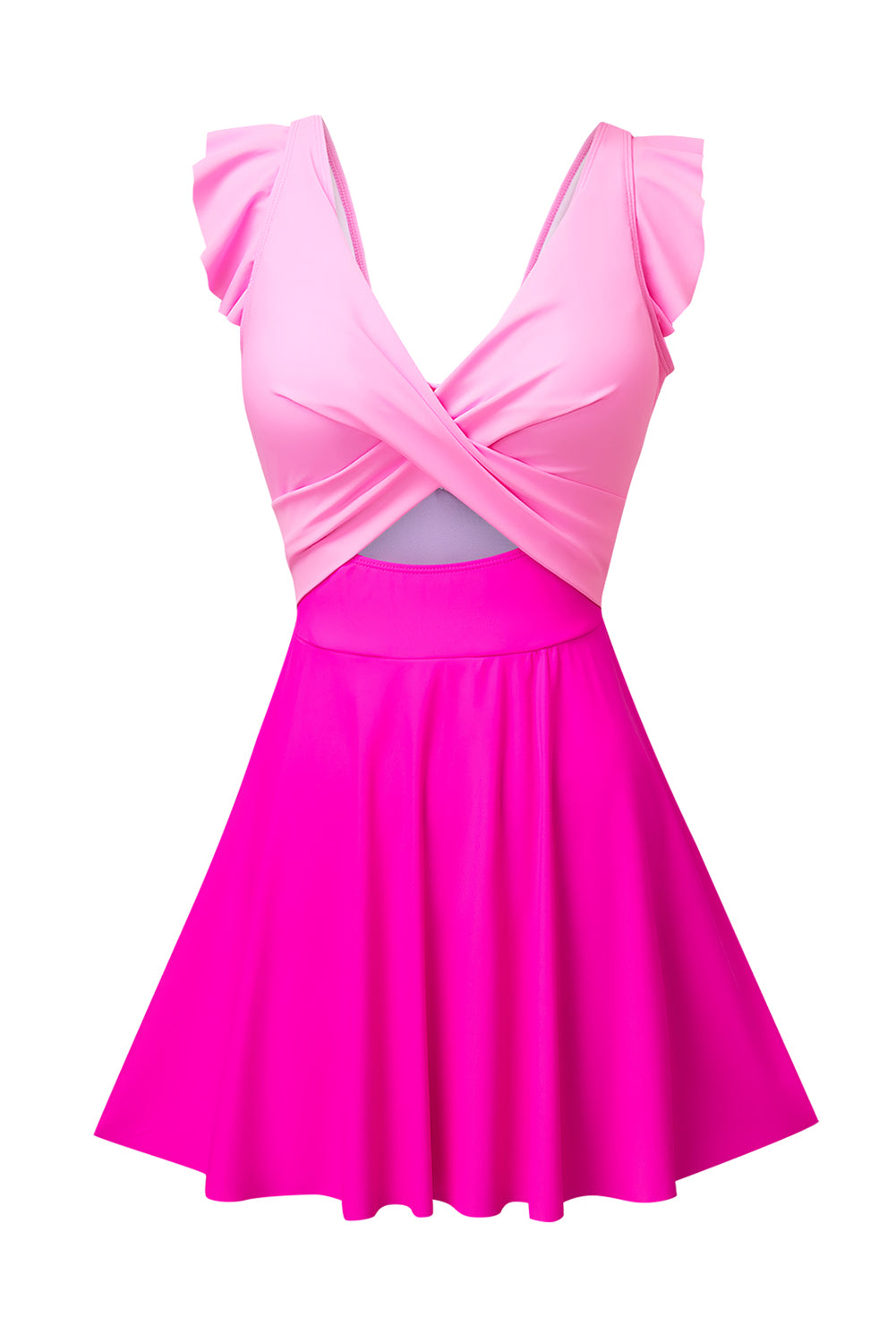 Bright Pink 2-tone Patchwork Crossed Cutout One Piece Swimdress Swimwear JT's Designer Fashion