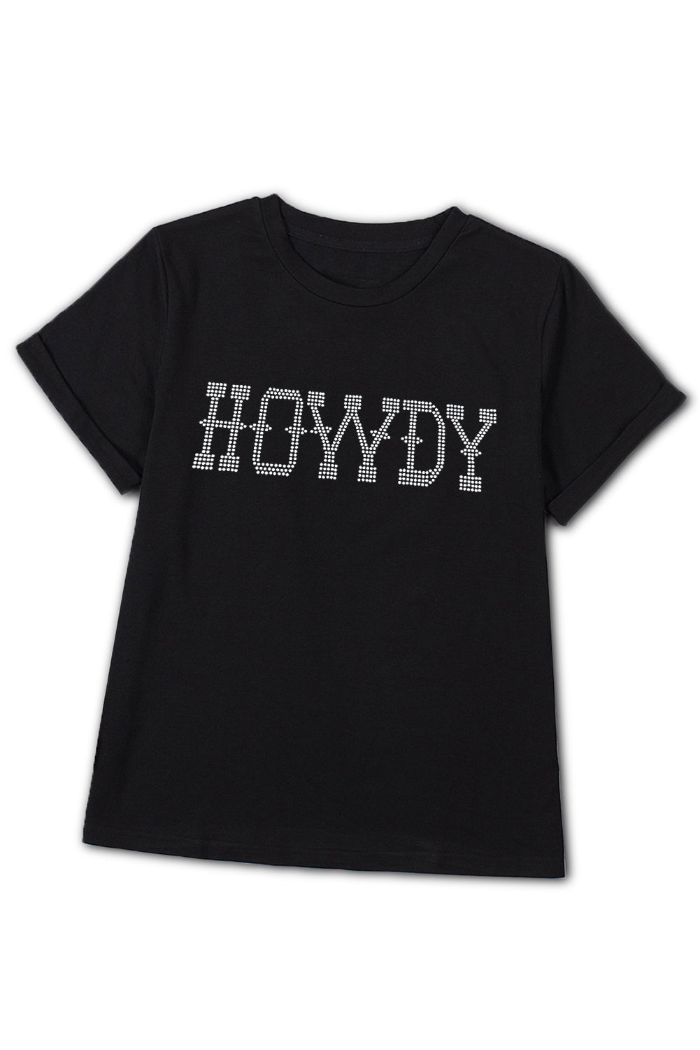 Black HOWDY Rhinestone Slim Fit Crew Neck T Shirt Graphic Tees JT's Designer Fashion