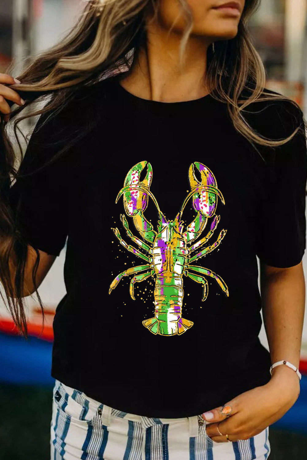 Black Mardi Gras Lobster Heat Transfer Graphic T Shirt Graphic Tees JT's Designer Fashion