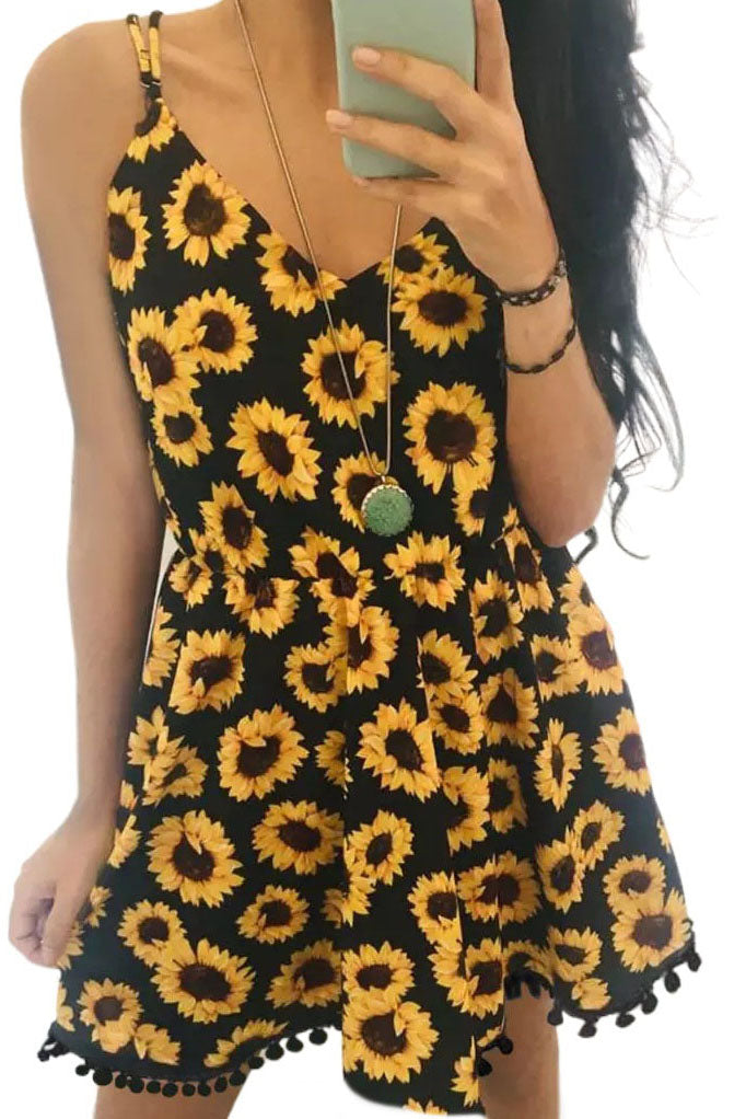 Sunflower Tassel Splicing Elastic Waist V-Neck Mini Dress - Black Mini Dresses JT's Designer Fashion