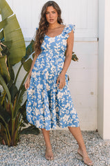 Sky Blue Floral U Neck Flutter Shoulder Tiered Flowy Midi Dress Floral Dresses JT's Designer Fashion