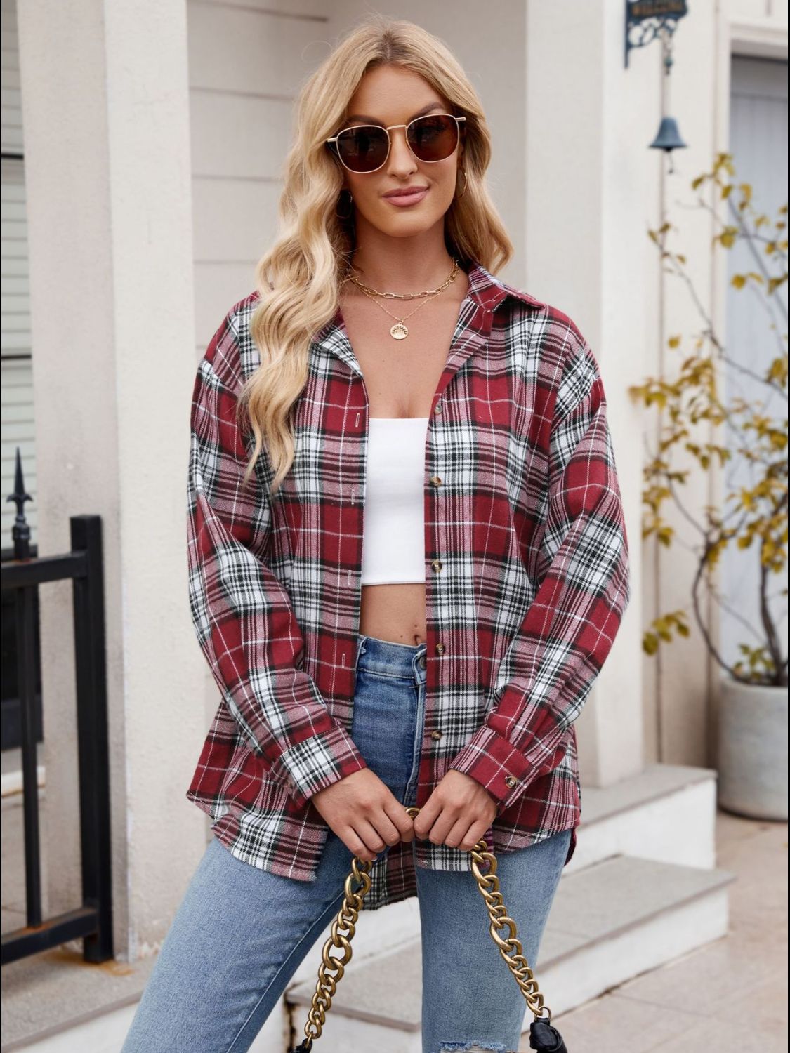 Pocketed Plaid Collared Neck Long Sleeve Shirt Long Sleeve Shirts JT's Designer Fashion