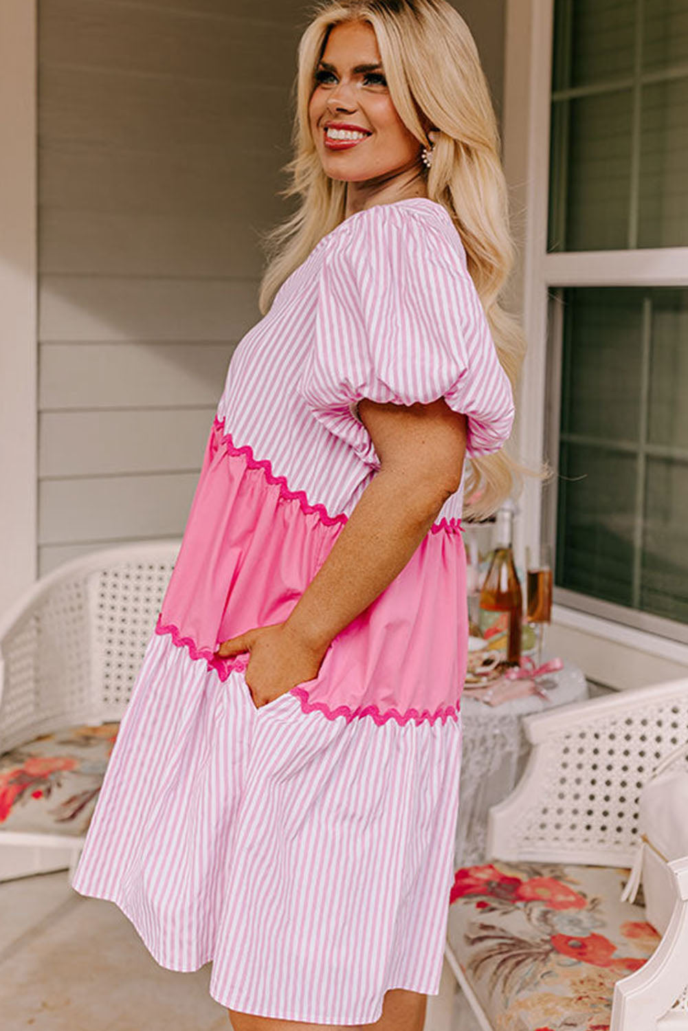 Pink Ricrac Block Accent Puff Short Sleeve Flowy Plus Dress Plus Size JT's Designer Fashion