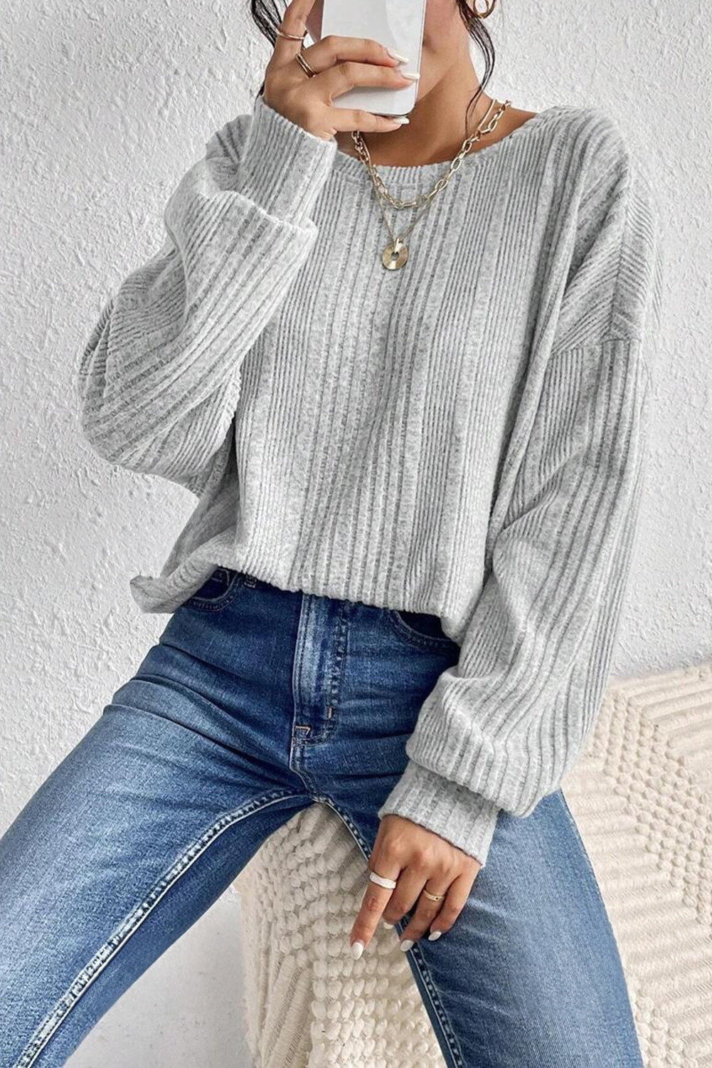 Light Grey Textured Crossover Backless Knit Long Sleeve Top Long Sleeve Tops JT's Designer Fashion