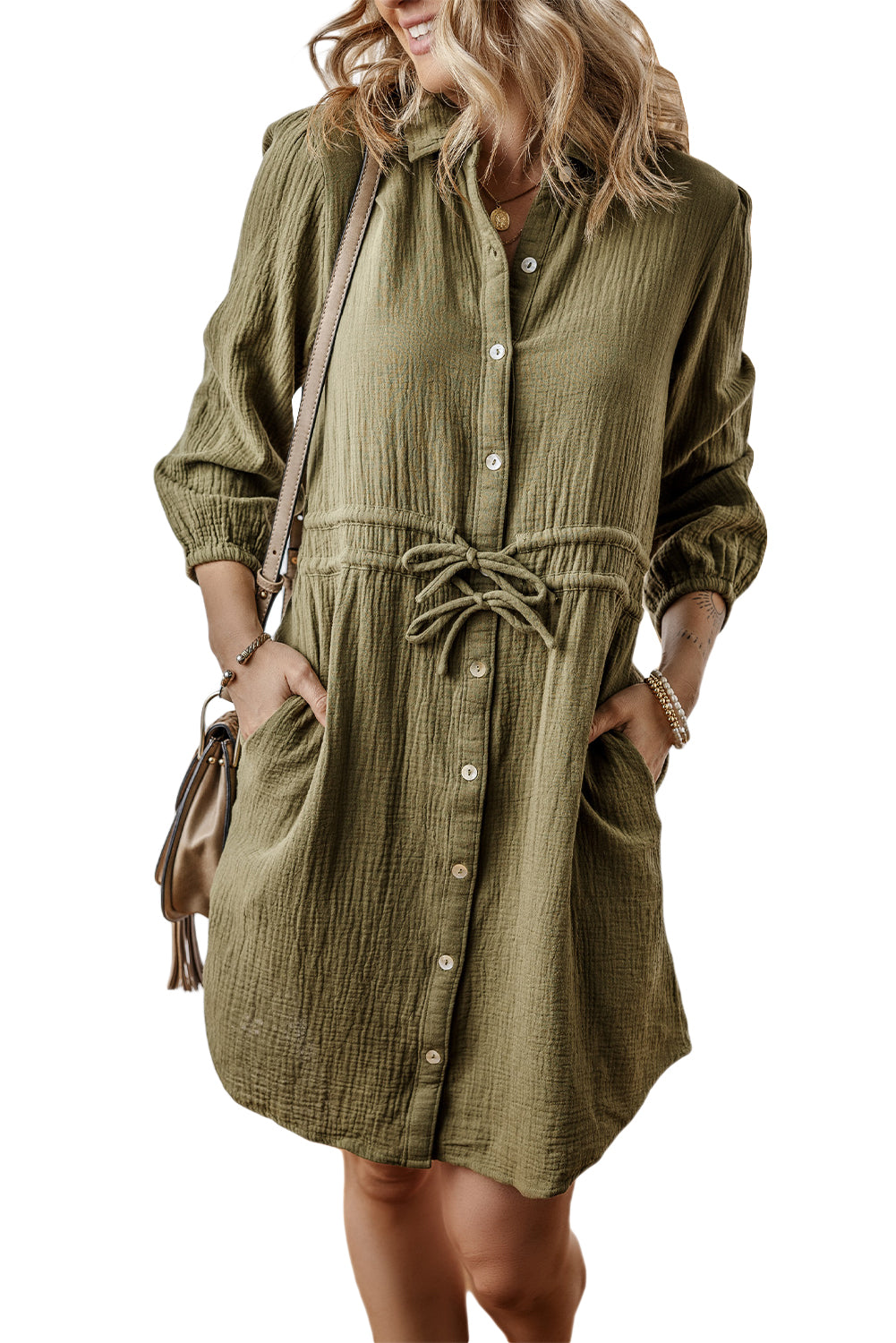 Jungle Green Textured Bracelet Sleeve Collared Button Up Dual Tied Mini Dress Mini Dresses JT's Designer Fashion