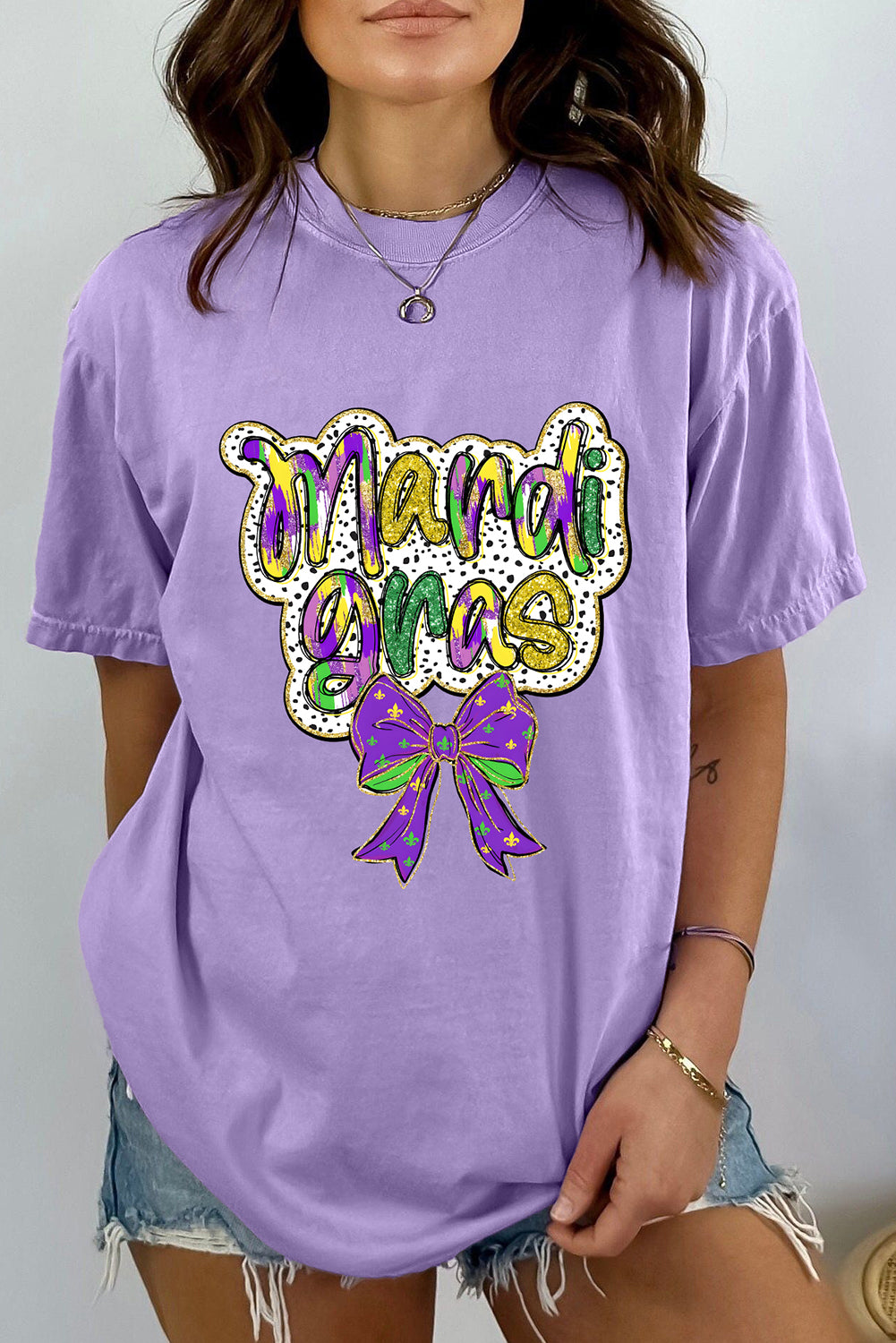 Wisteria mardi gras Bow Printed Crewneck Holiday T Shirt Graphic Tees JT's Designer Fashion