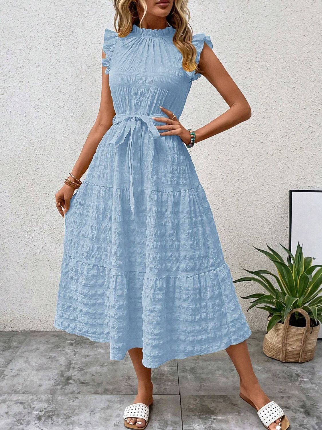 Tied Ruffled Cap Sleeve Midi Dress Midi Dresses JT's Designer Fashion