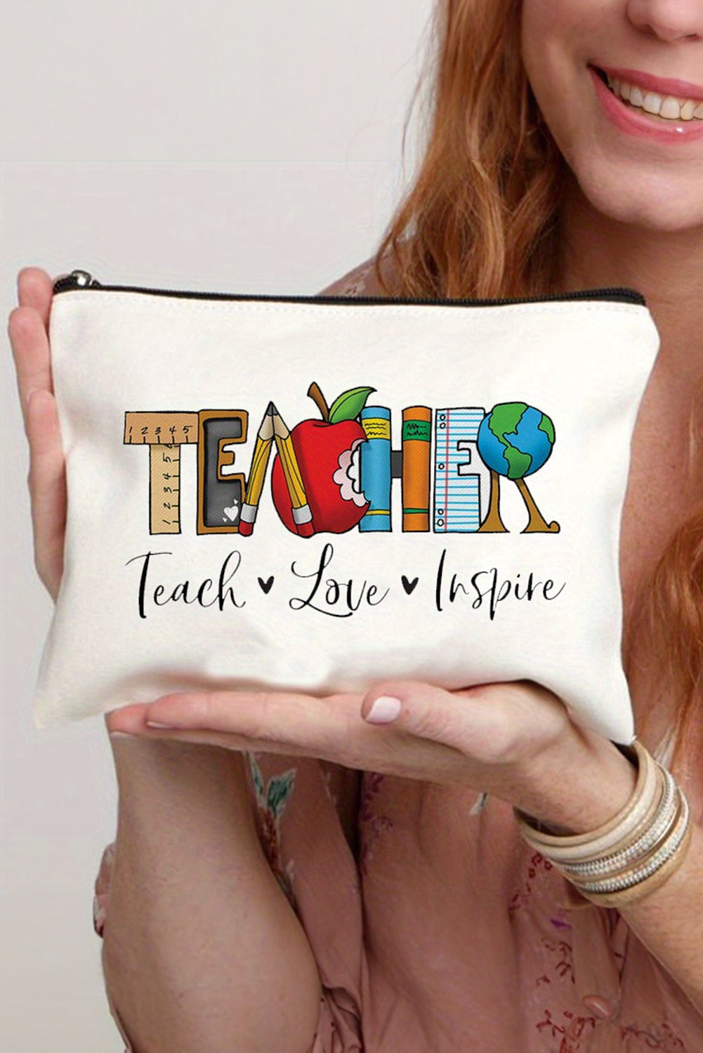 White TEACHER Graphic Print Zipper Cosmetic Bag Makeup Bags JT's Designer Fashion