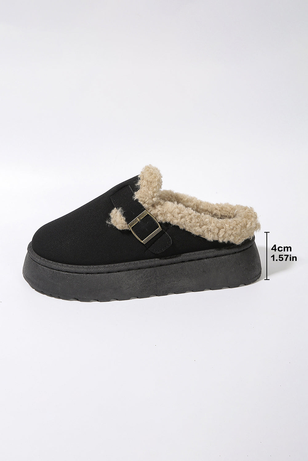 Black Plush Patched Buckle Decor Thick Sole Thermal Slippers Slippers JT's Designer Fashion