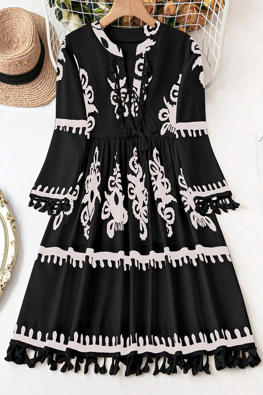 Black Plus Size Western Floral Print Fringed V Neck Dress Plus Size Mini Dresses JT's Designer Fashion