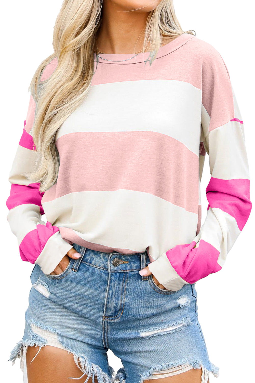 Light Pink Colorblock Striped Drop Shoulder Long Sleeve Top Long Sleeve Tops JT's Designer Fashion