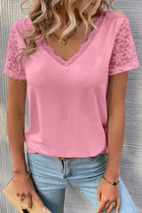 Sachet Pink Contrast Lace V-Neck Patchwork Sleeve Casual T-Shirt Pre Order Tops JT's Designer Fashion
