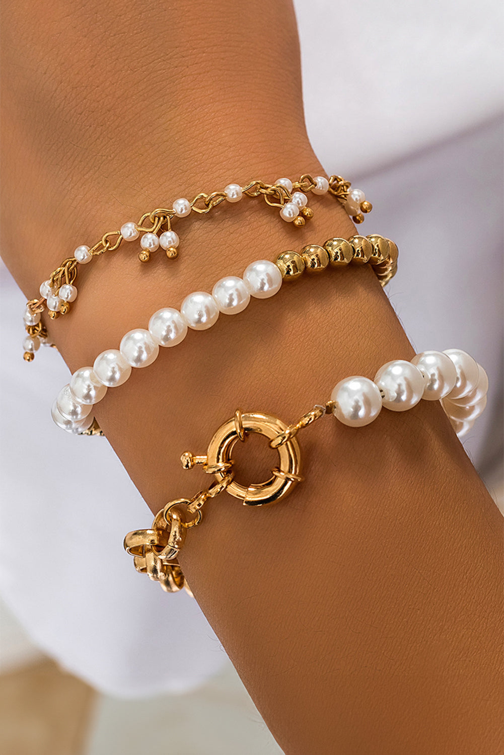 Gold 3pcs Pearl Plated Alloy Beaded Bracelet Set Jewelry JT's Designer Fashion