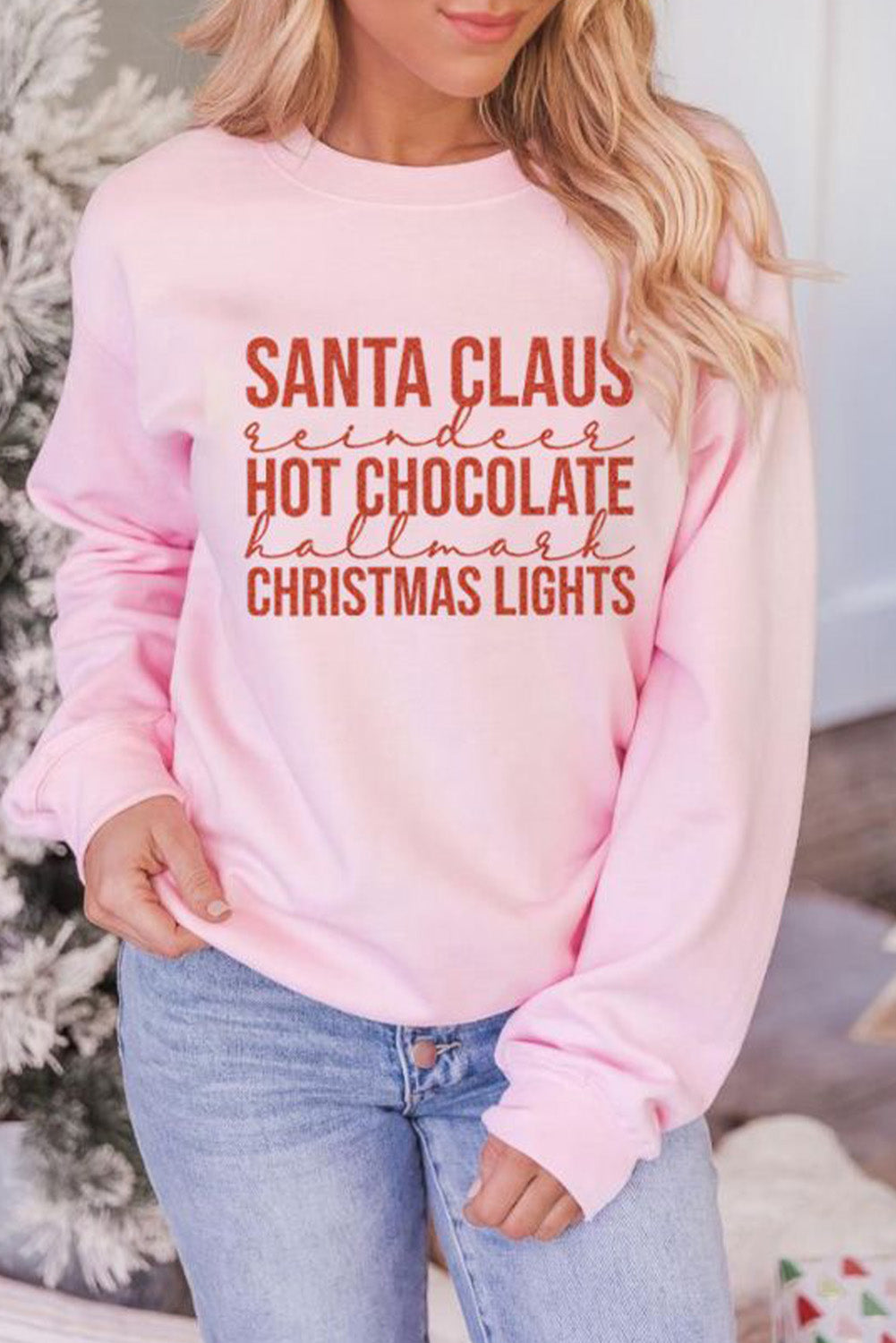 Pink Christmas Letters Glitter Pattern Print Pullover Sweatshirt Graphic Sweatshirts JT's Designer Fashion