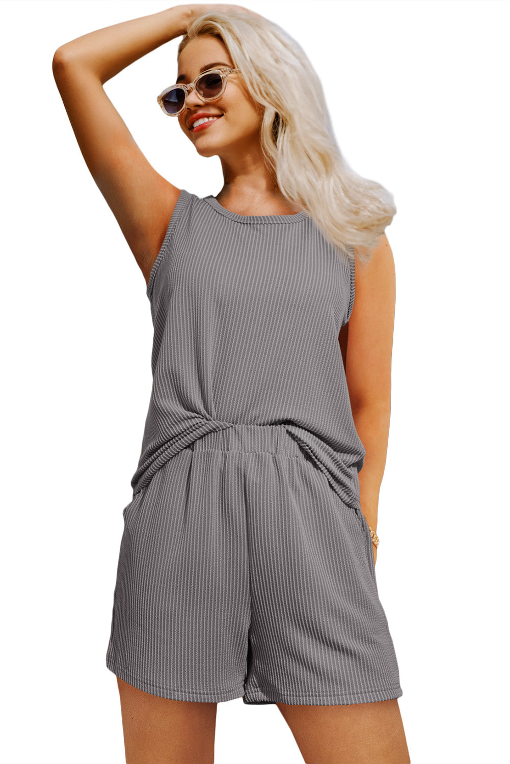 Medium Grey Corded Sleeveless Top and Pocketed Shorts Set Bottoms JT's Designer Fashion