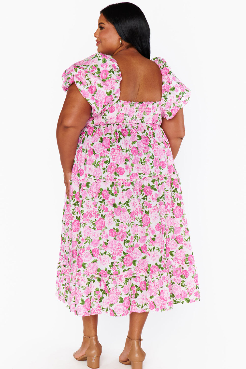 Pink Floral Smocked Puff Sleeve Long Curvy Dress Plus Size JT's Designer Fashion