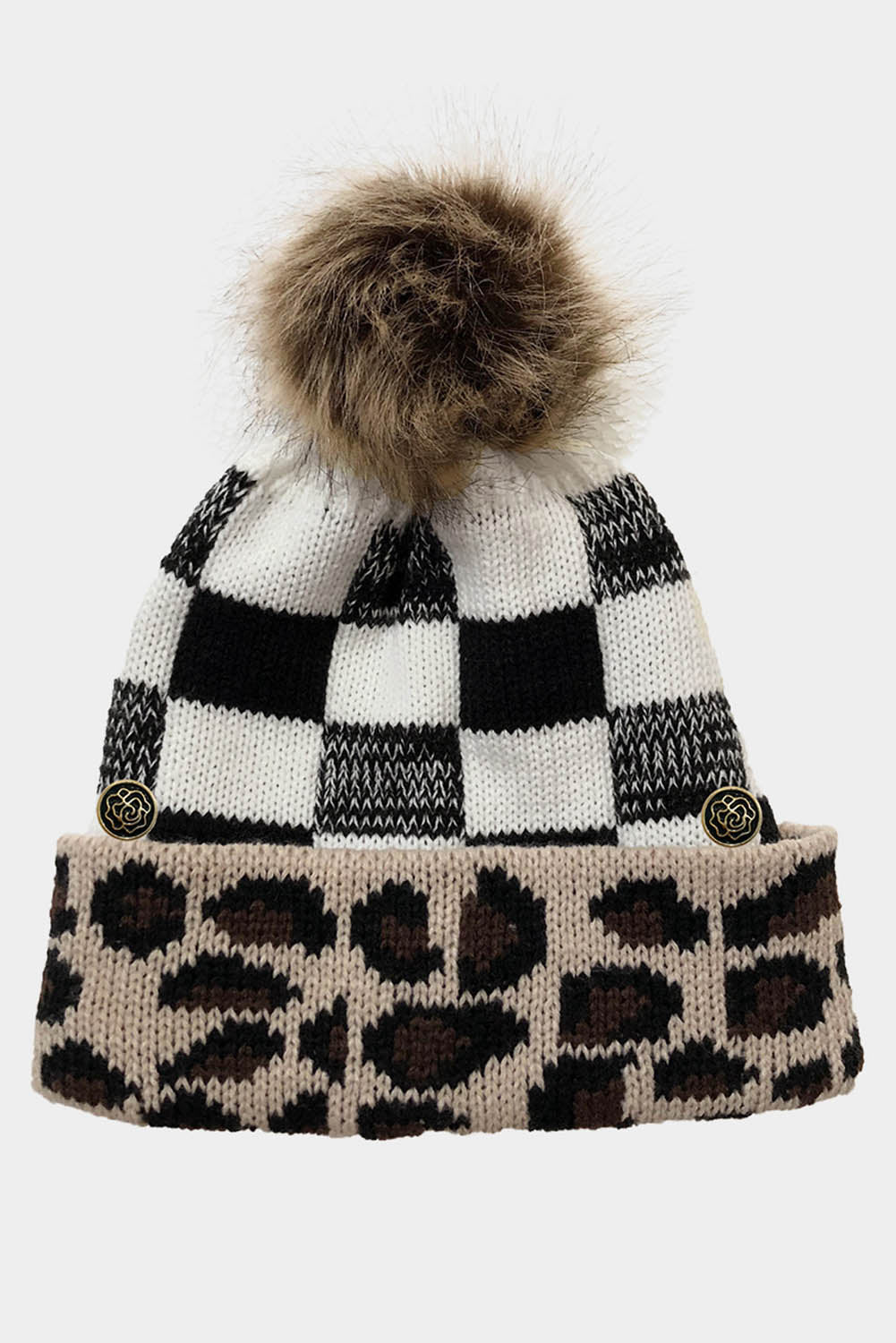 White Christmas Leopard Plaid Pom Knitted Hat Hats & Caps JT's Designer Fashion