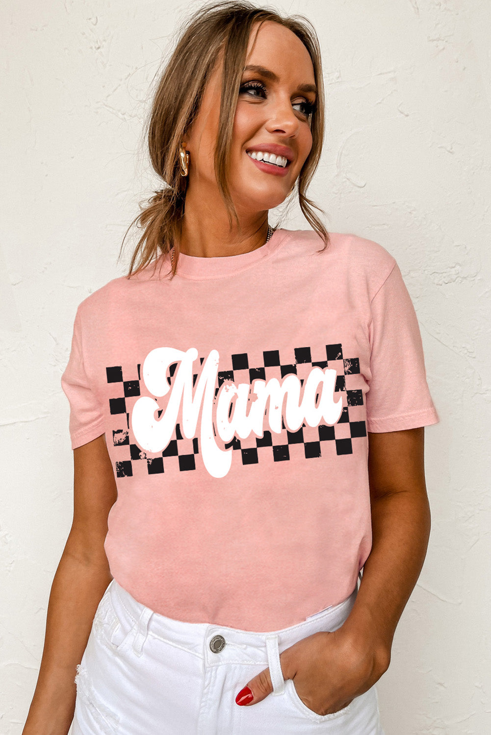 Pink Mama Checkered Print O Neck Casual T Shirt Graphic Tees JT's Designer Fashion