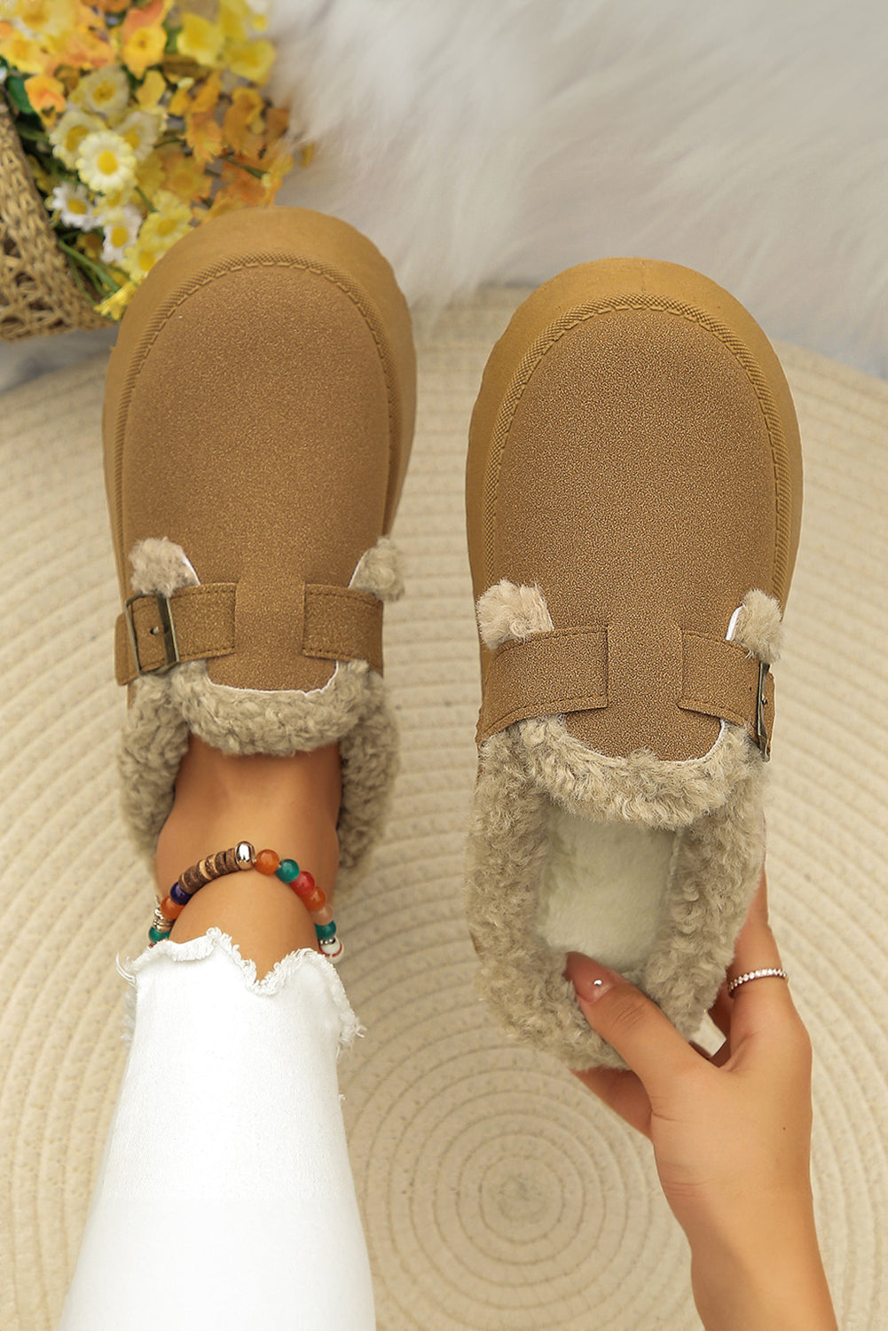 Brown Plush Patched Buckle Decor Thick Sole Thermal Slippers Slippers JT's Designer Fashion