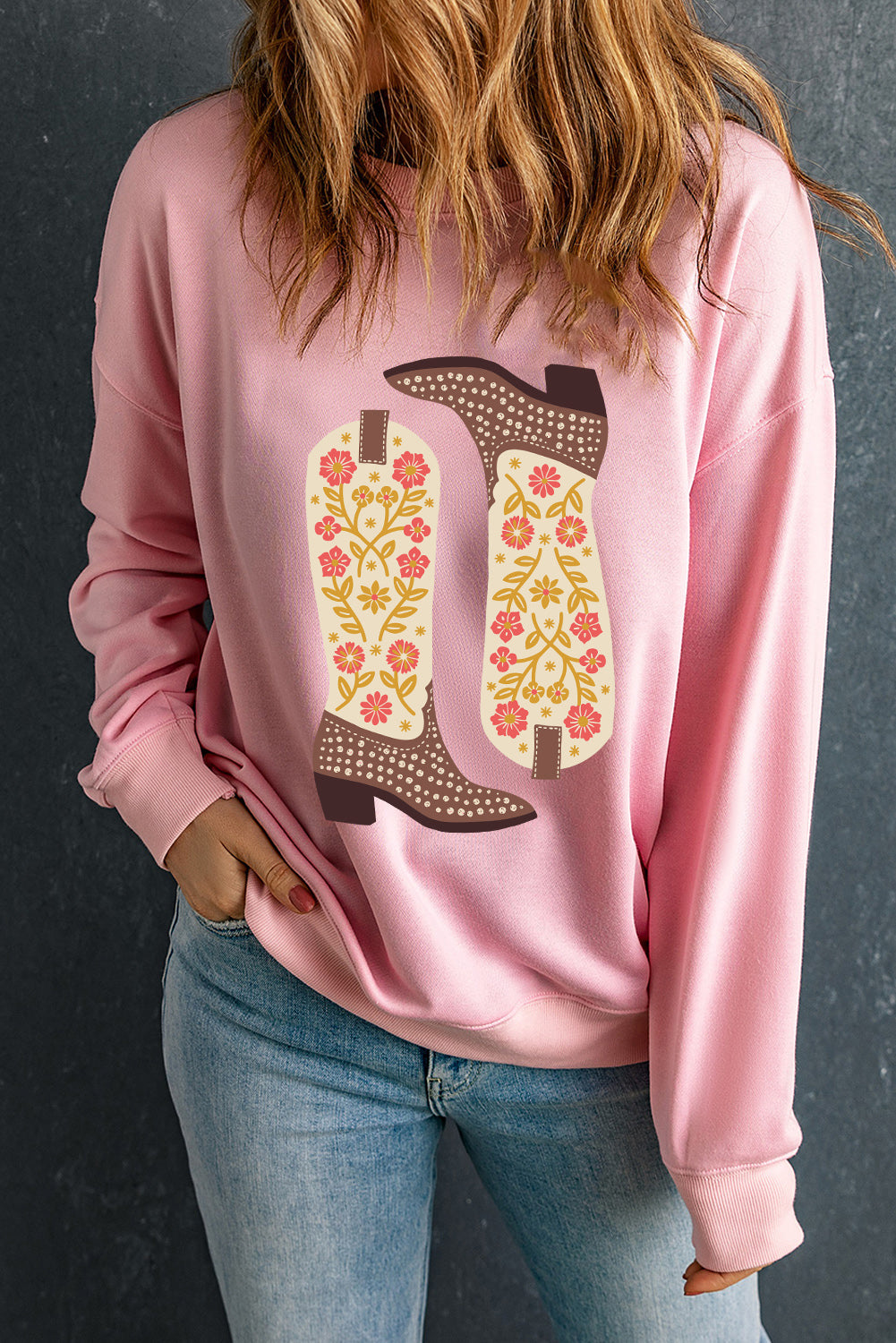 Pink Floral Cowgirl Boots Graphic Drop Shoulder Sweatshirt Graphic Sweatshirts JT's Designer Fashion