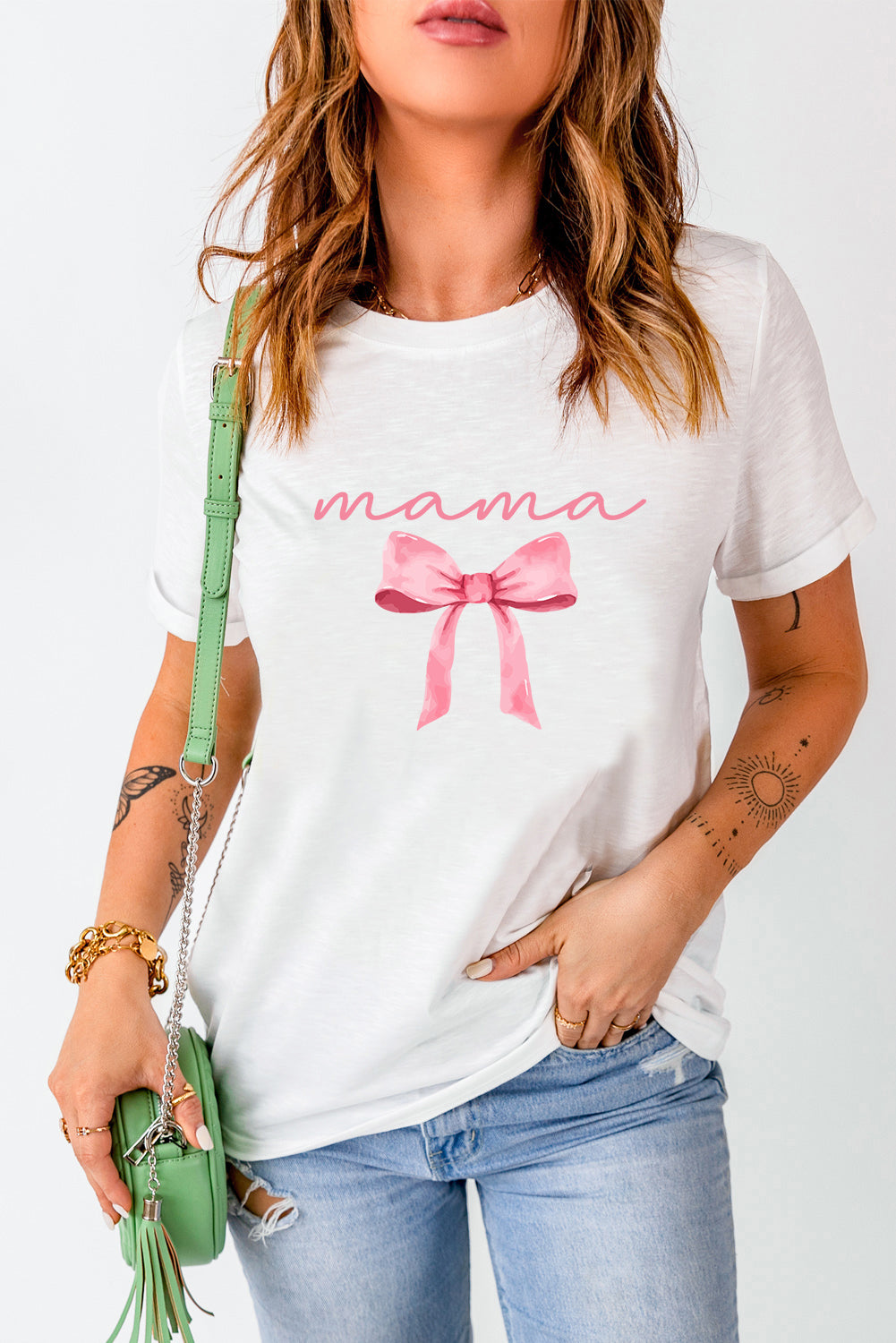White MAMA Bowknot Graphic Crewneck Tee Graphic Tees JT's Designer Fashion