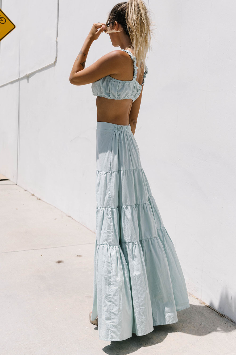 Sky Blue 2pcs Solid Color Crop Top Tiered Maxi Skirt Set Two Piece Dresses JT's Designer Fashion