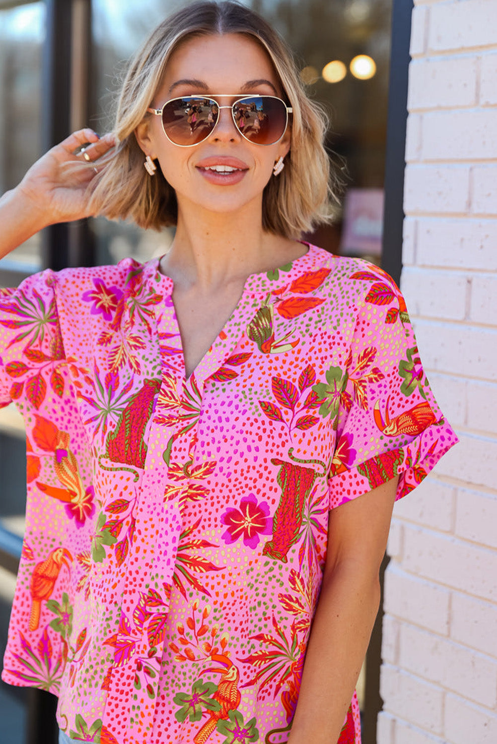 Rose Jungle Floral Print Notch V Neck Blouse Blouses & Shirts JT's Designer Fashion