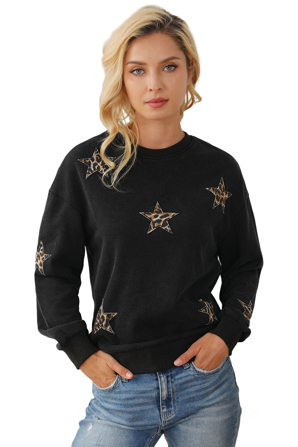 Black Leopard Star Patched Drop Shoulder Sweatshirt Sweatshirts & Hoodies JT's Designer Fashion