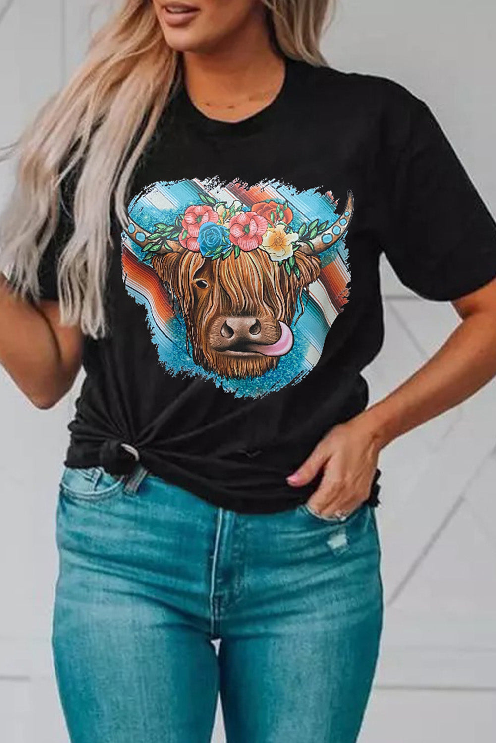 Black Serape Floral Steer Head Graphic Western T-shirt Black 95%Polyester+5%Elastane Graphic Tees JT's Designer Fashion